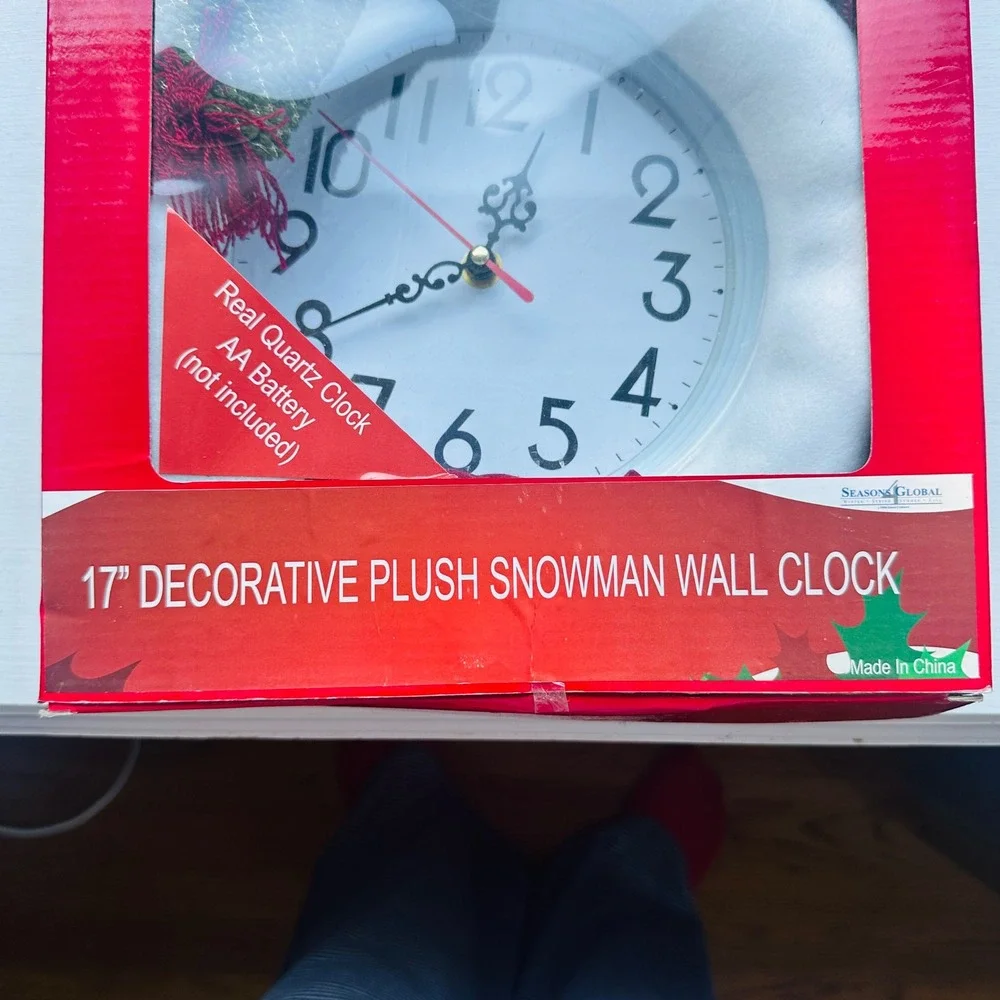 Seasons Global 17 Inch Decorative Plush Snowman Wall Clock Holiday Decor Quartz